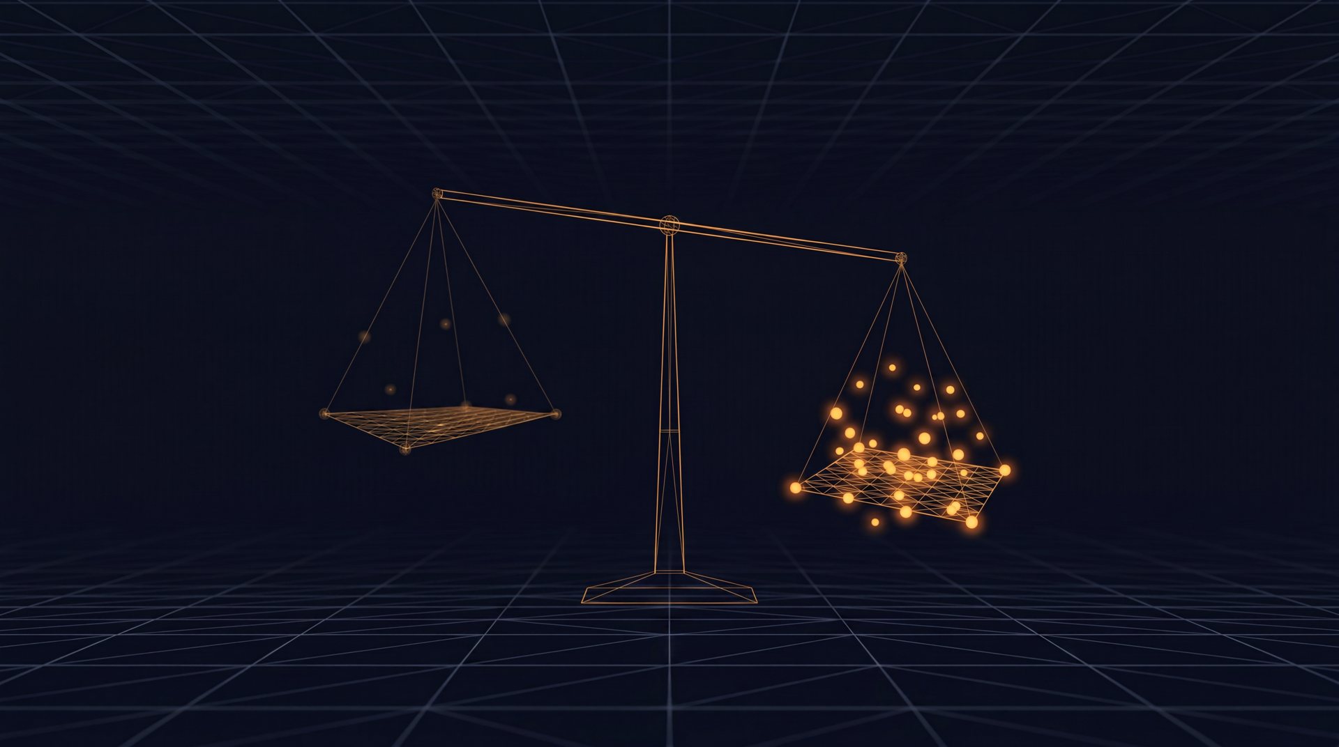 A balance of amber lattice plates on a dark field, one side deliberately lower