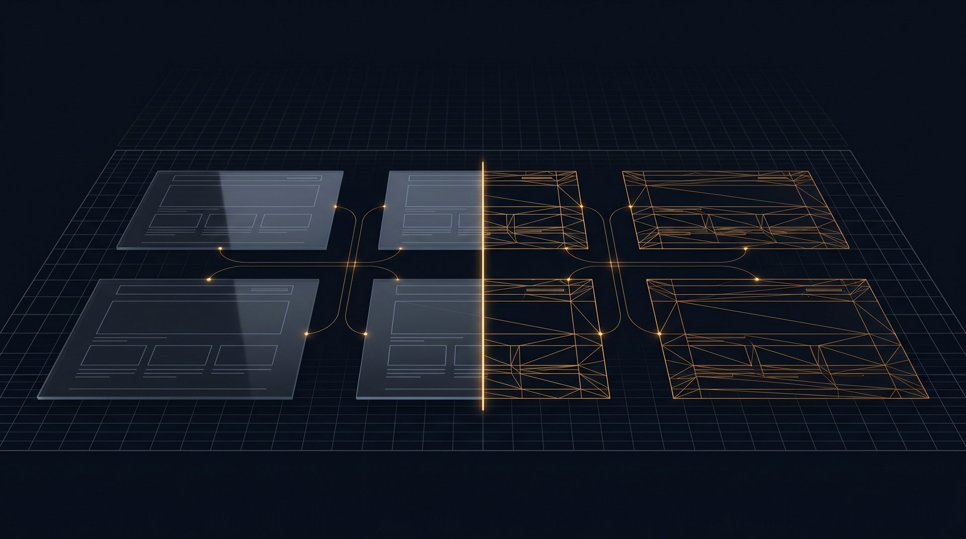 A wireframe blueprint of page skeletons on a dark drafting field, half rendered and half amber wireframe