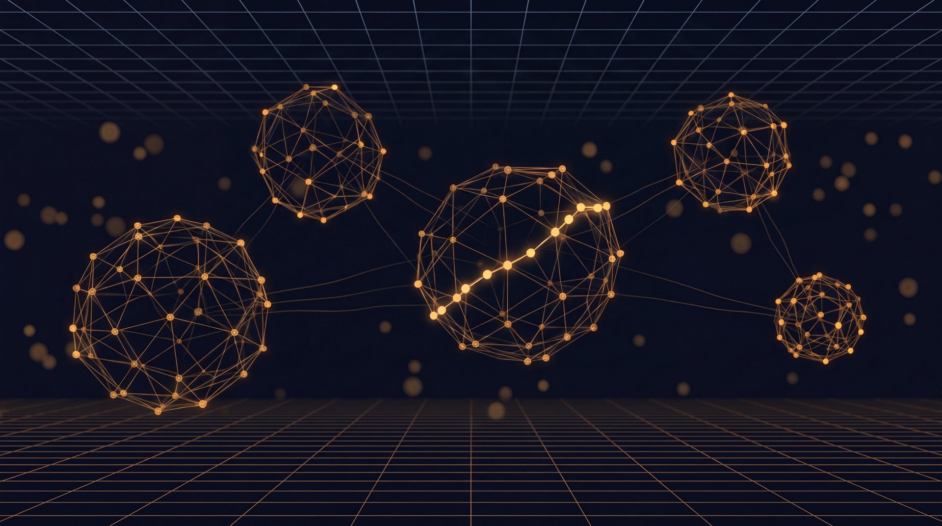 Five constellations of small amber nodes joined by fine traces on a dark field