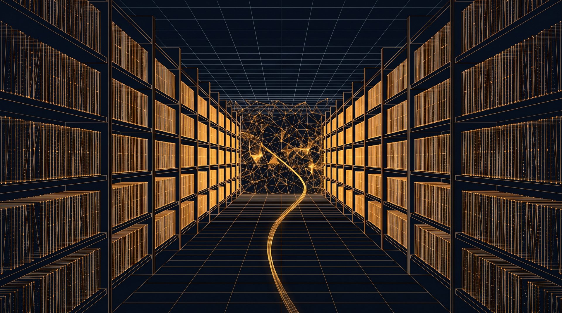 An archive hall of thousands of thin document edges resolving into an amber lattice, one bright thread pulled from the stacks