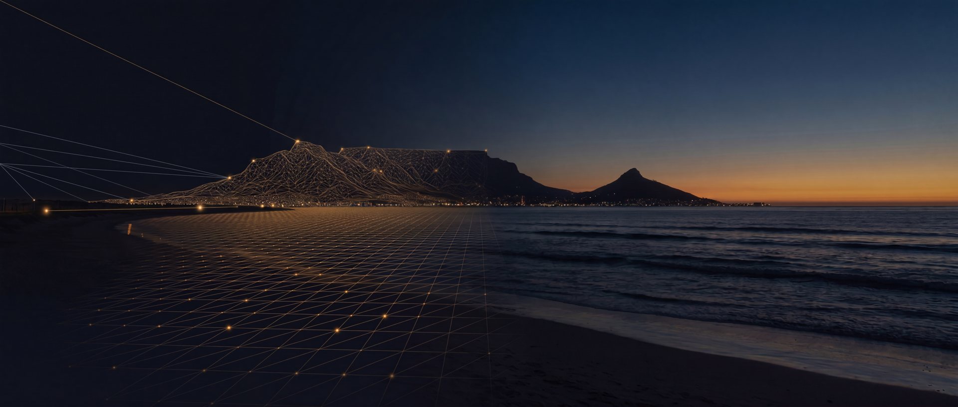 The Table Bay seaboard seen from the Blouberg shoreline, digitising into an amber wireframe