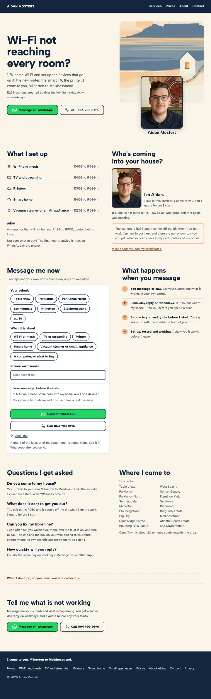 The first screen of aidanmostert.co.za: the headline "Wi-Fi not reaching every room?", two buttons and a painted bay