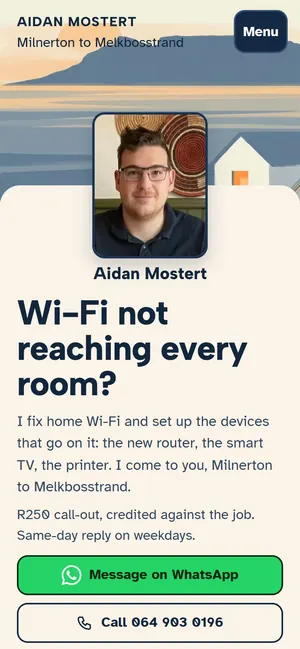 The first screen of aidanmostert.co.za on a phone: the headline "Wi-Fi not reaching every room?", two buttons and a painted bay