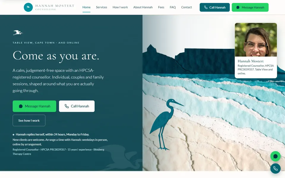 The first screen of hannahmostert.co.za: the headline "Come as you are", two buttons and a sea collage
