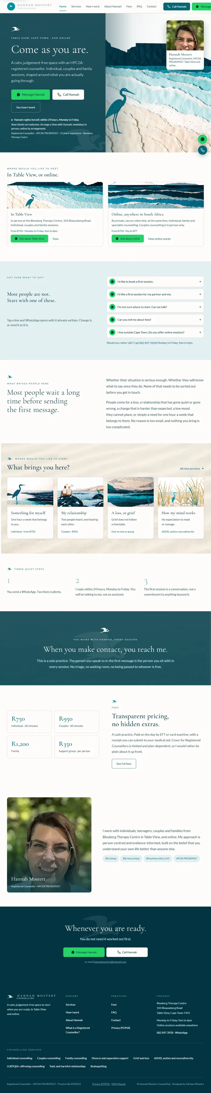 hannahmostert.co.za, the whole home page, from the first screen to the footer